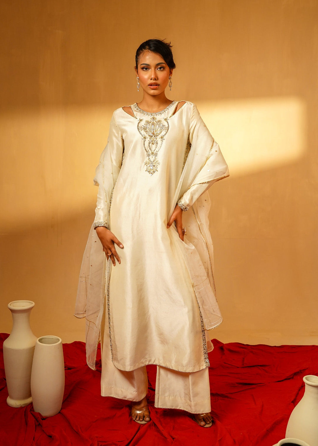 Shahid Chuhan - Monarque Silk Suit For Women - Cream