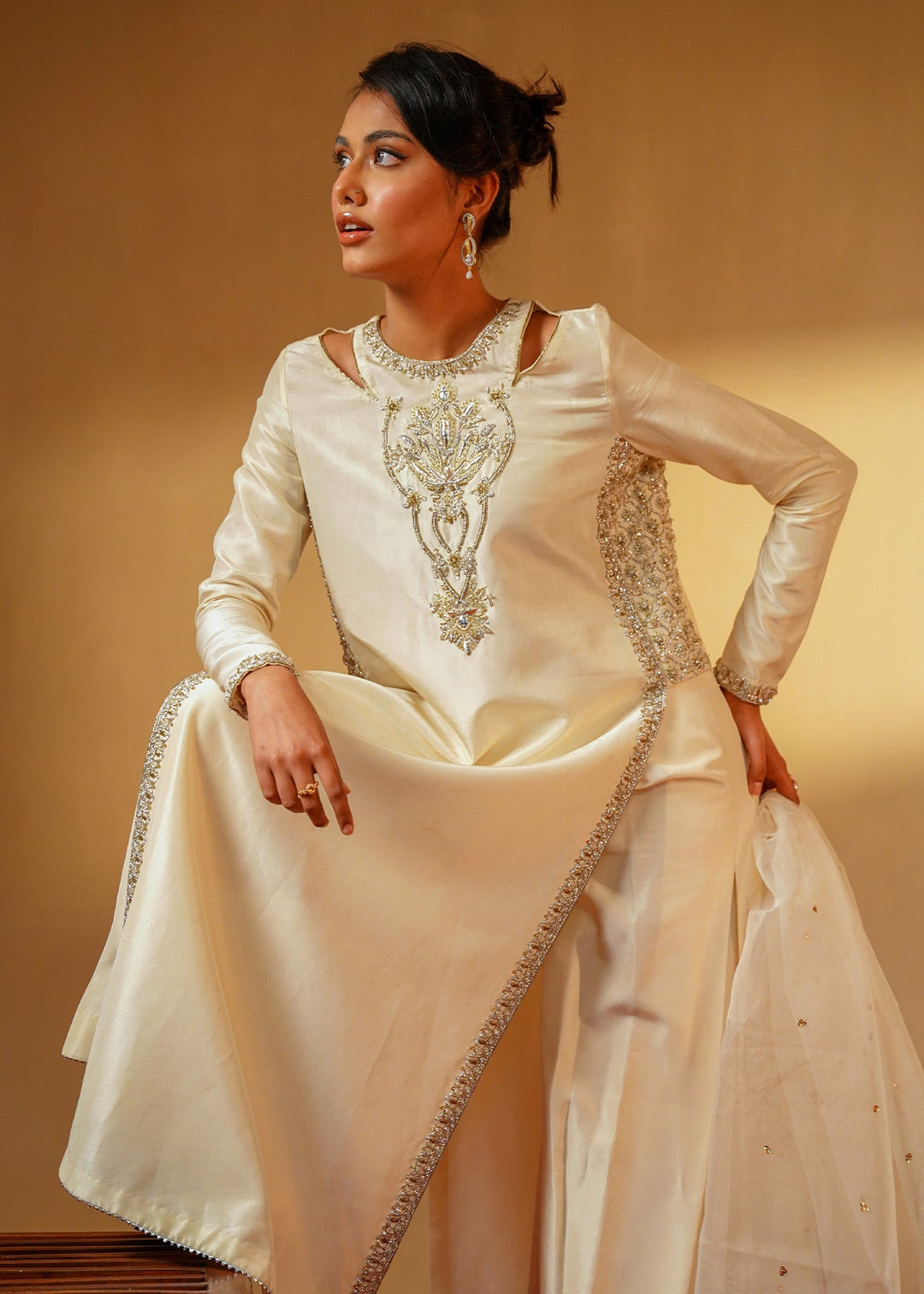 Shahid Chuhan - Monarque Silk Suit For Women - Cream