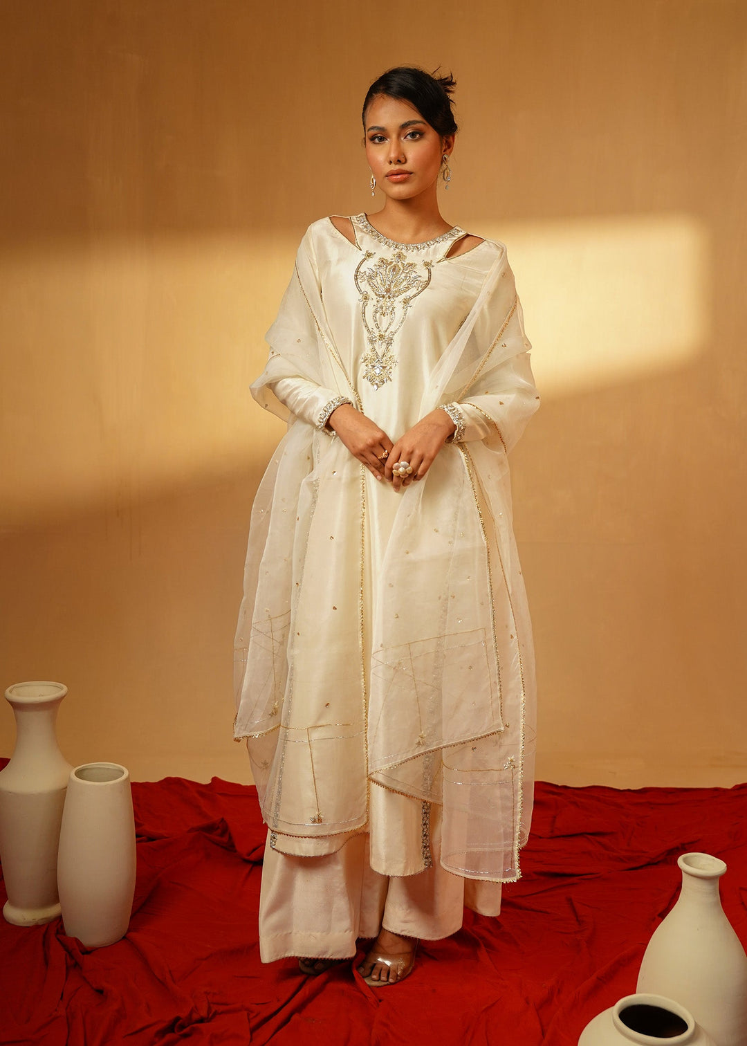 Shahid Chuhan - Monarque Silk Suit For Women - Cream