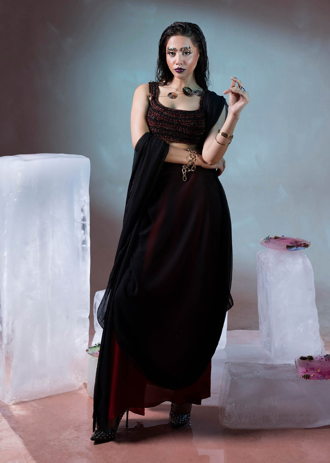 Shahid Chuhan - Obsidian Flame Chiffon, Silk Saree For Women - Black
