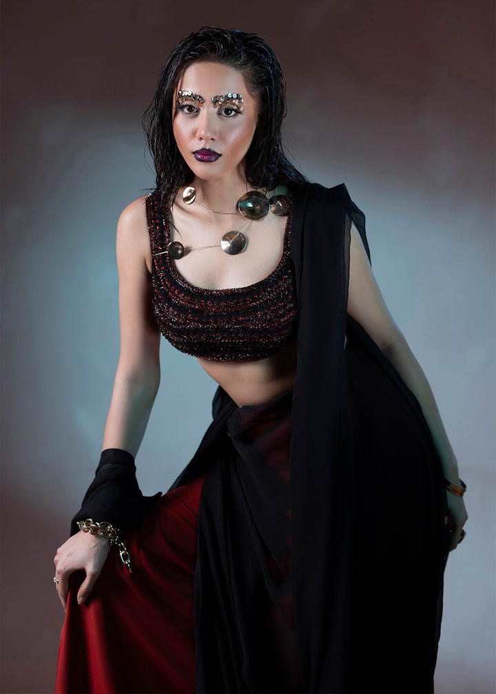 Shahid Chuhan - Obsidian Flame Chiffon, Silk Saree For Women - Black