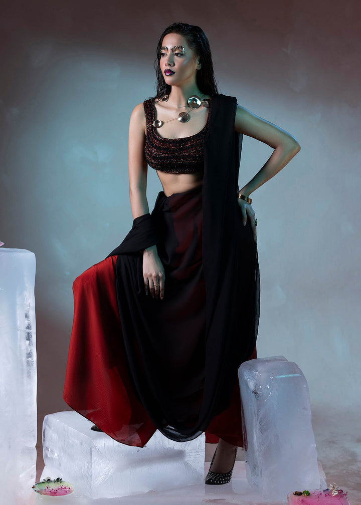 Shahid Chuhan - Obsidian Flame Chiffon, Silk Saree For Women - Black