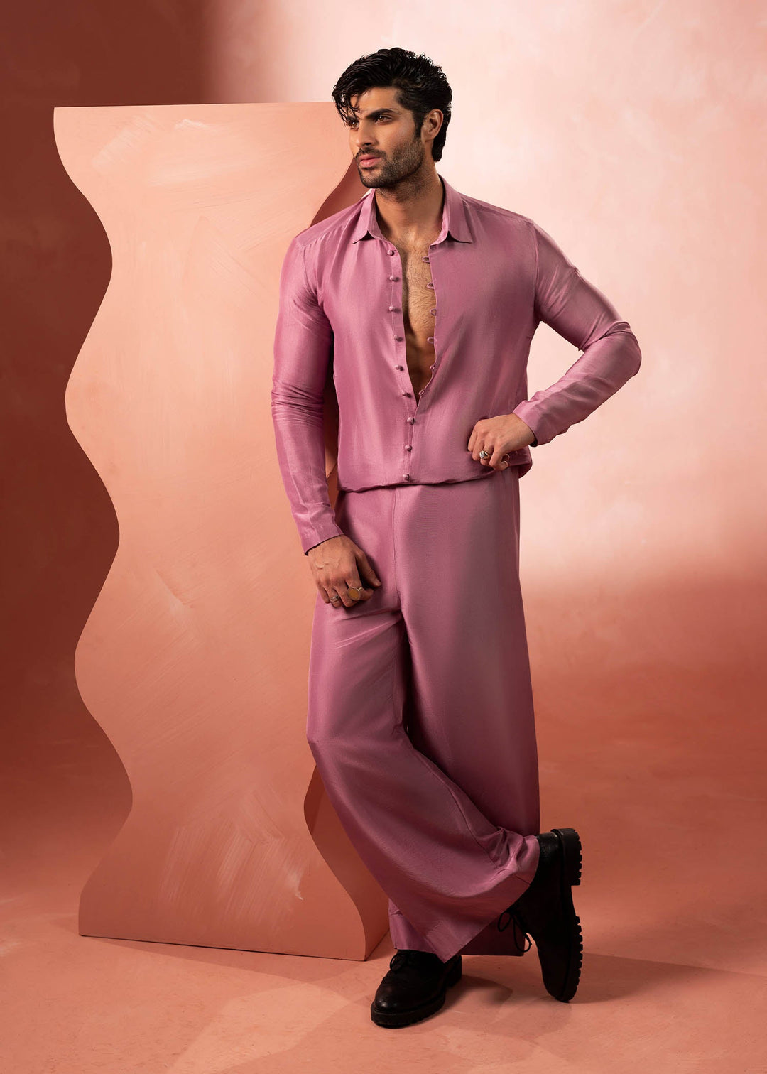 Shahid Chuhan - Rosaric Silk Co-Ord Set For Men - Dusty Rose
