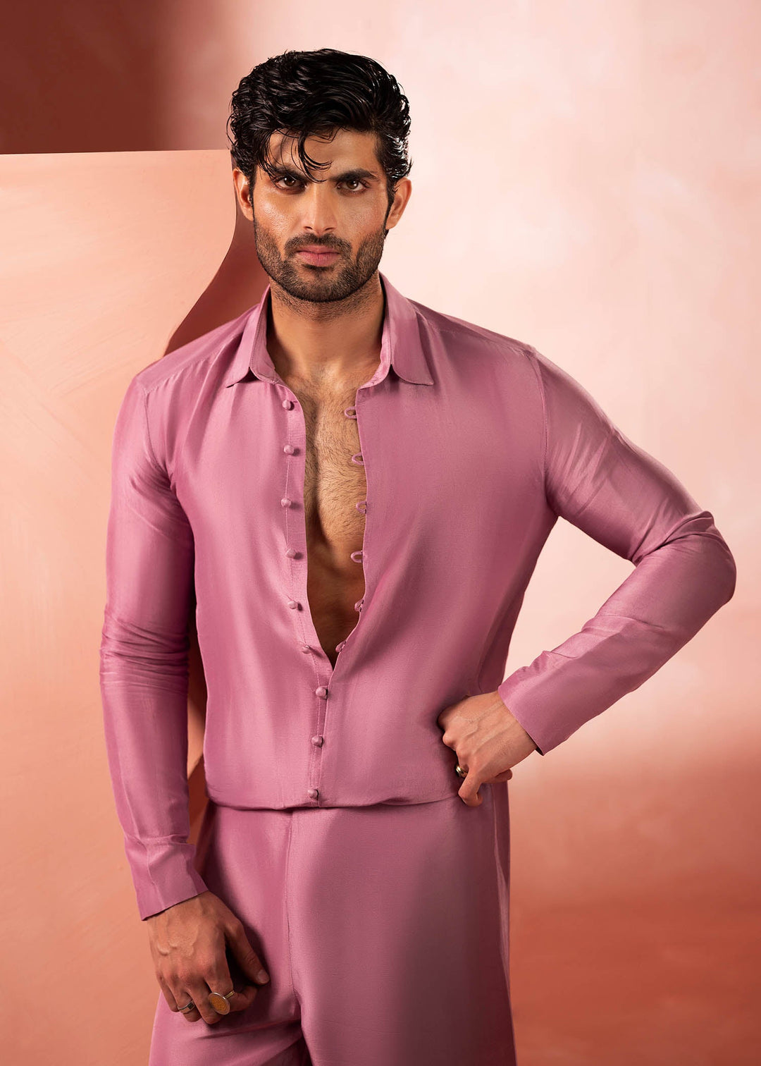 Shahid Chuhan - Rosaric Silk Co-Ord Set For Men - Dusty Rose