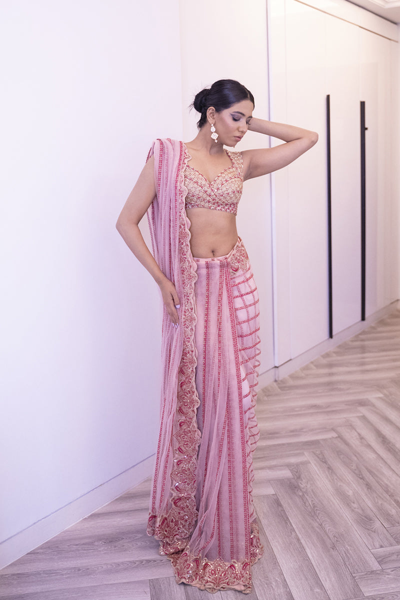 Shahid Chuhan - Rosy Rhapsody Soft Net Saree For Women - Pink