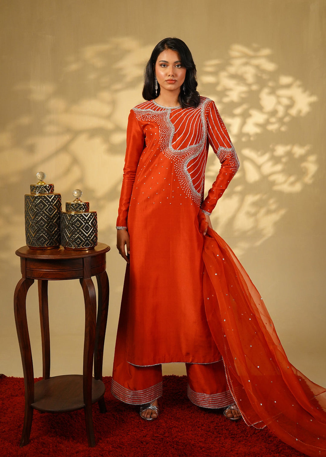 Shahid Chuhan - Ruby Rouge Silk Suit For Women - Orange