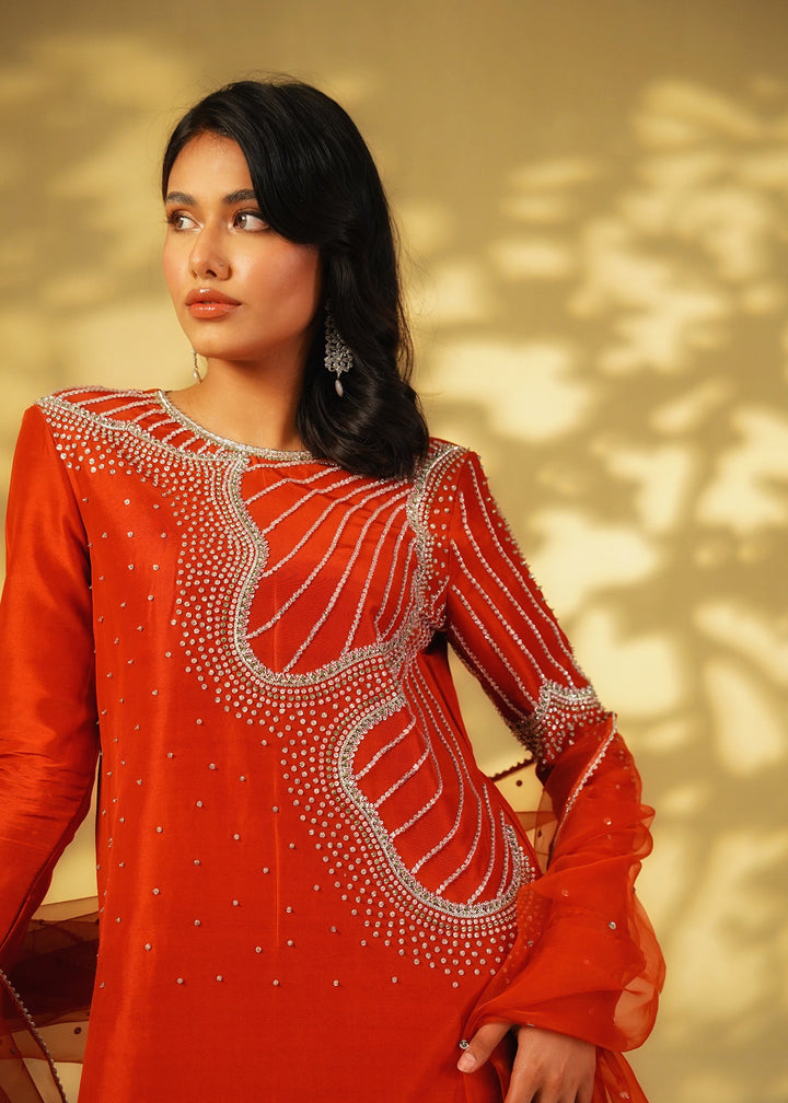 Shahid Chuhan - Ruby Rouge Silk Suit For Women - Orange