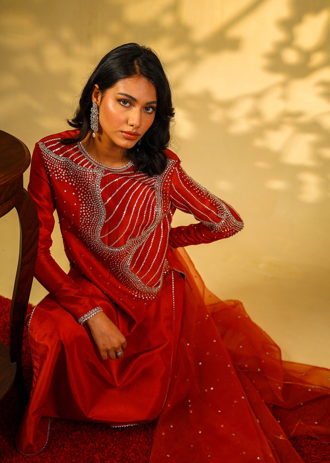 Shahid Chuhan - Ruby Rouge Silk Suit For Women - Orange