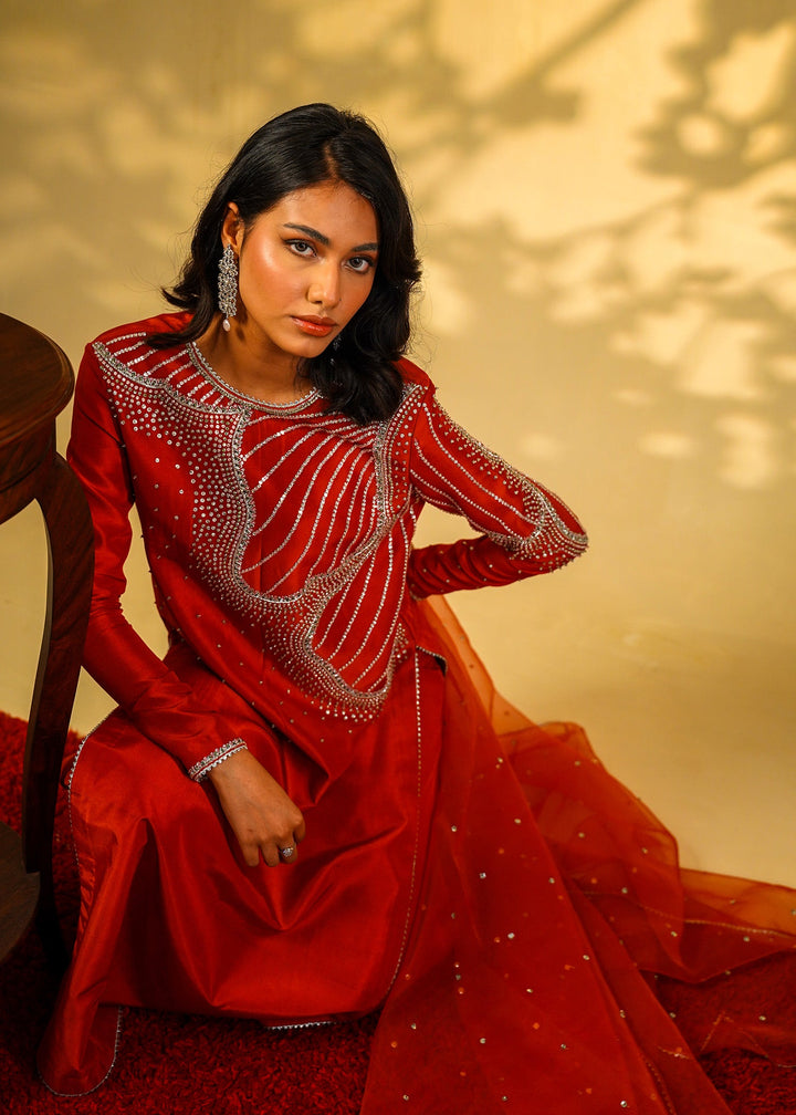 Shahid Chuhan - Ruby Rouge Silk Suit For Women - Orange