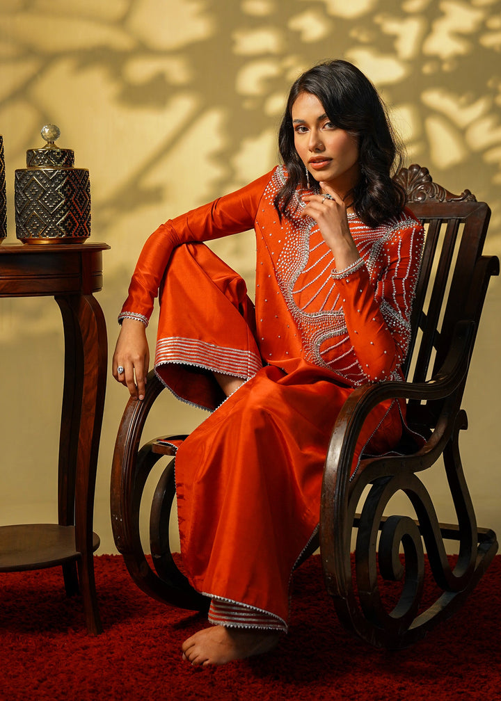 Shahid Chuhan - Ruby Rouge Silk Suit For Women - Orange
