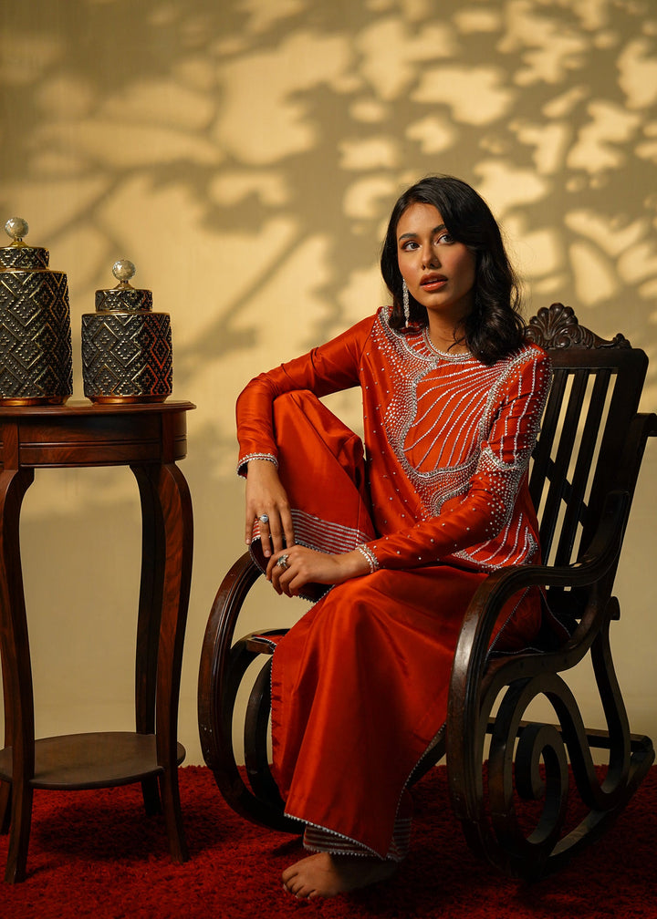 Shahid Chuhan - Ruby Rouge Silk Suit For Women - Orange