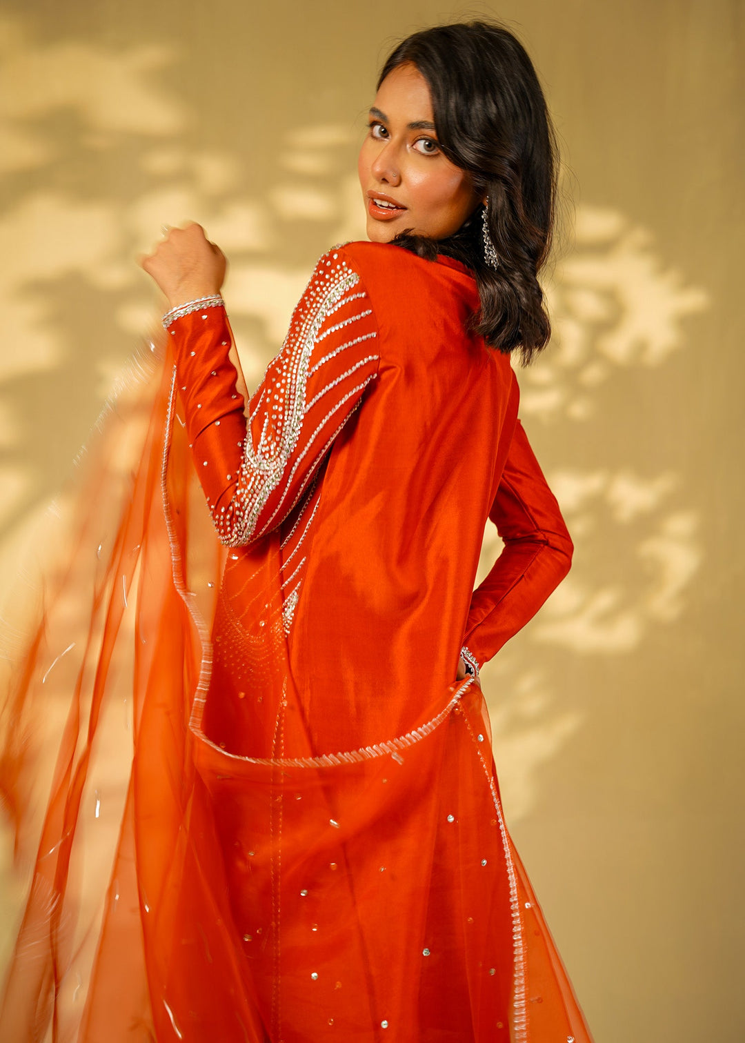Shahid Chuhan - Ruby Rouge Silk Suit For Women - Orange