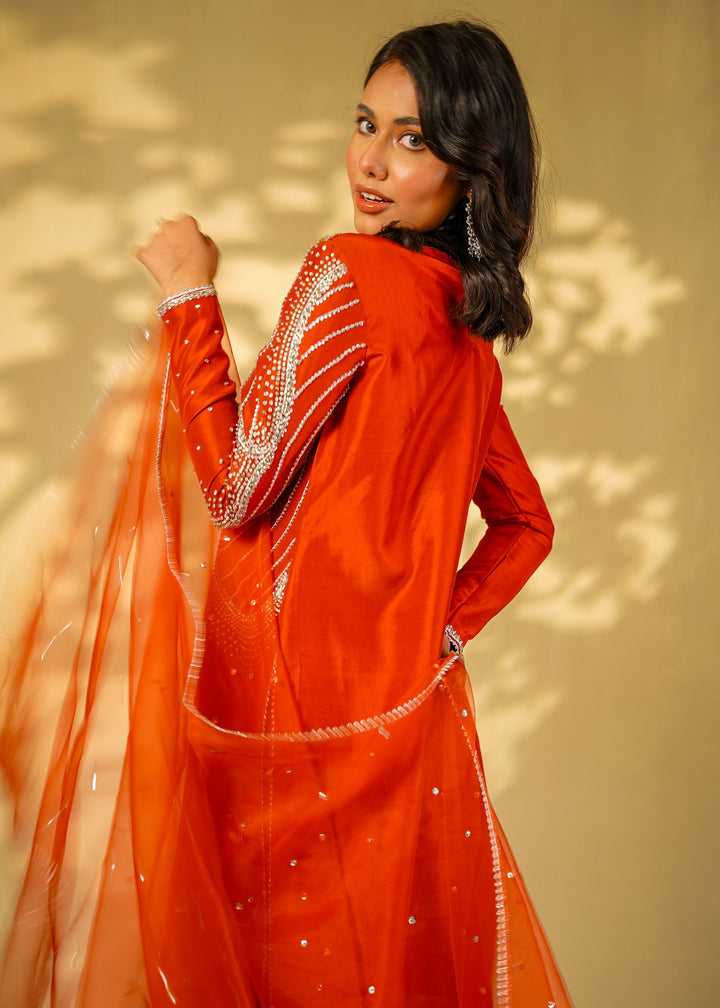 Shahid Chuhan - Ruby Rouge Silk Suit For Women - Orange
