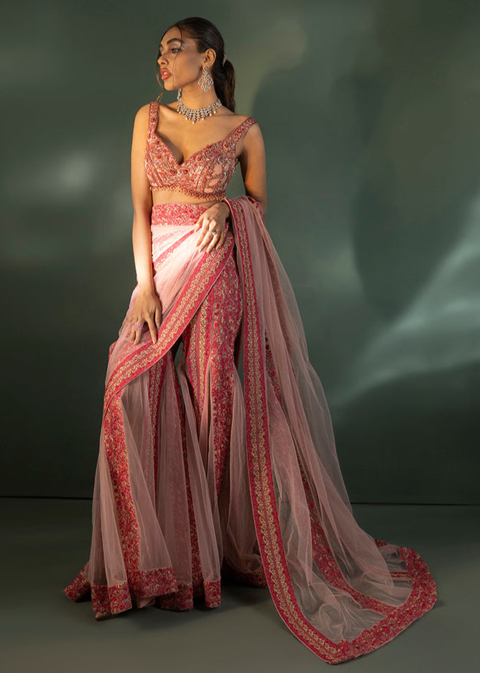 Shahid Chuhan - Saffron Sunburst Soft Net Saree For Women - Onlemonda Pink