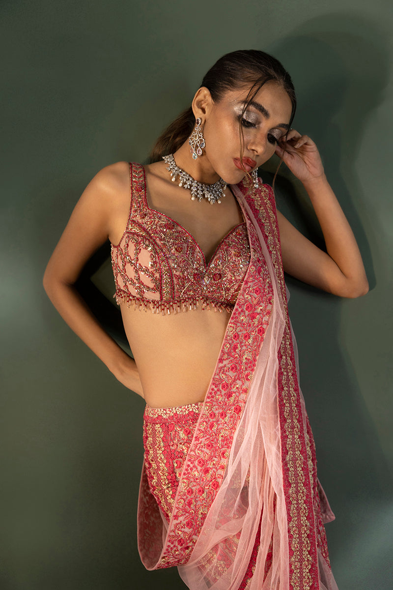 Shahid Chuhan - Saffron Sunburst Soft Net Saree For Women - Onlemonda Pink