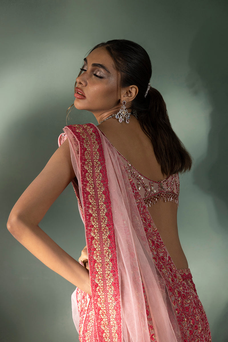 Shahid Chuhan - Saffron Sunburst Soft Net Saree For Women - Onlemonda Pink