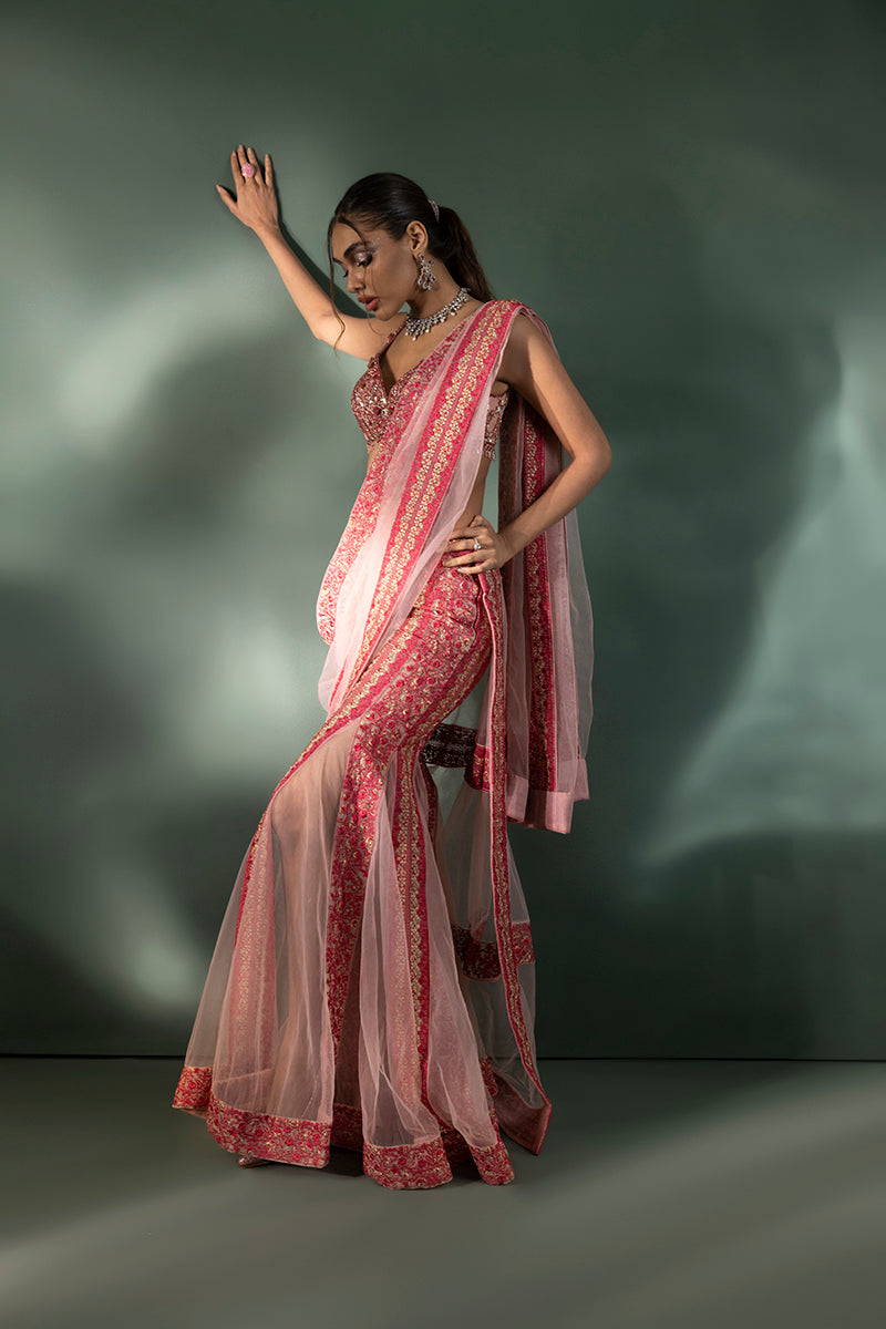 Shahid Chuhan - Saffron Sunburst Soft Net Saree For Women - Onlemonda Pink
