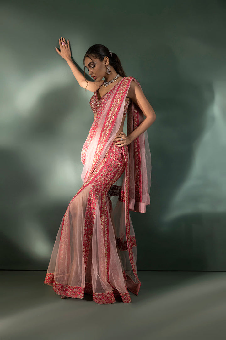 Shahid Chuhan - Saffron Sunburst Soft Net Saree For Women - Onlemonda Pink