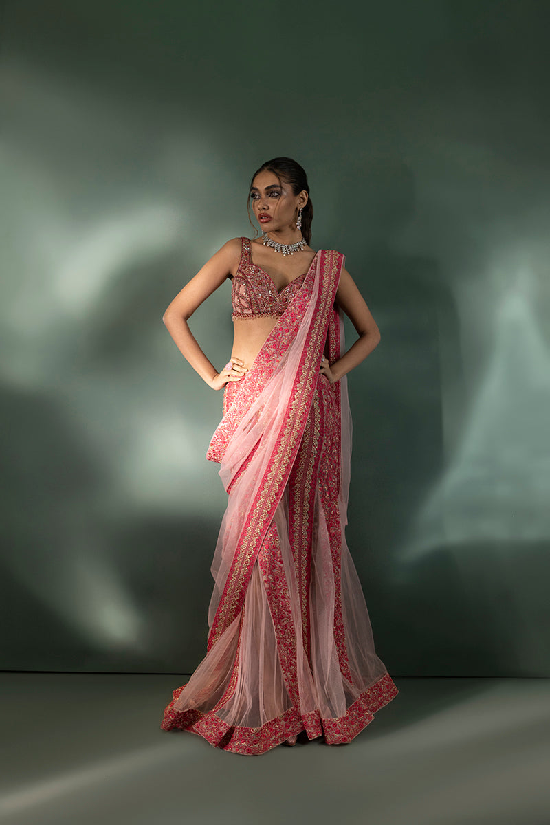Shahid Chuhan - Saffron Sunburst Soft Net Saree For Women - Onlemonda Pink