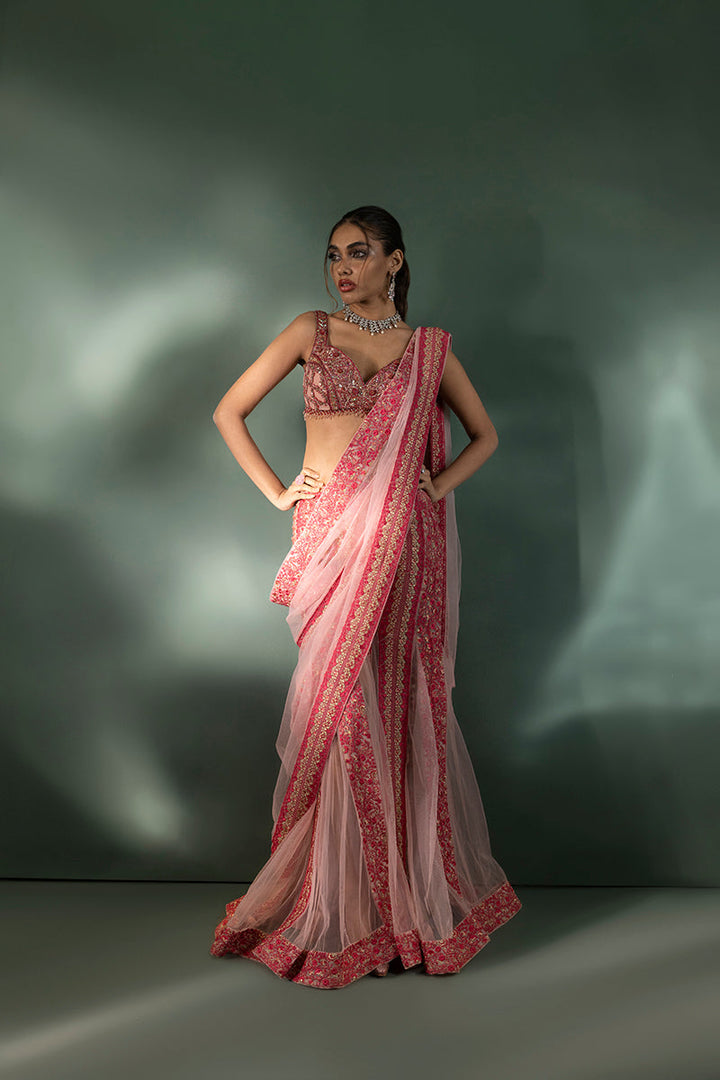 Shahid Chuhan - Saffron Sunburst Soft Net Saree For Women - Onlemonda Pink