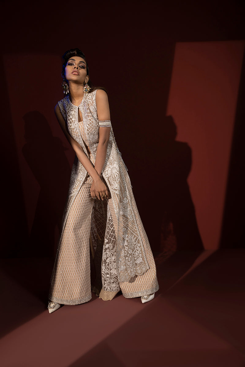 Shahid Chuhan - Silken Trail Organza Jacket For Women - Nude