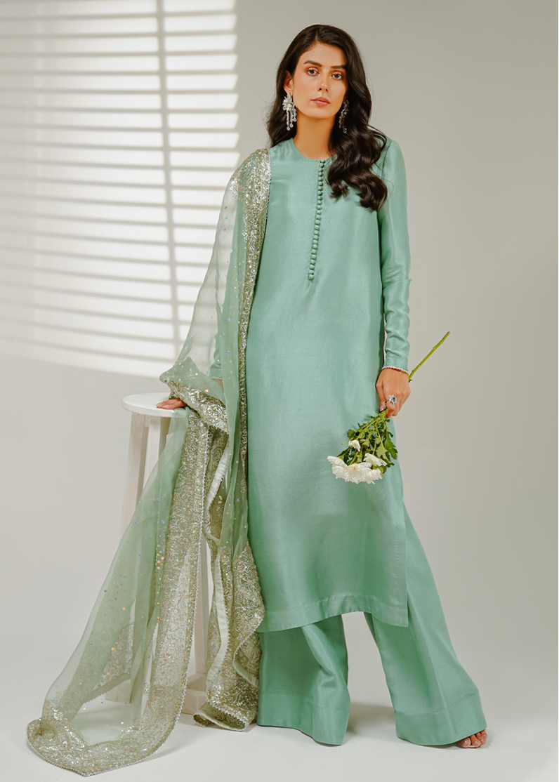 Shahid Chuhan - Starry Night Silk Suit For Women - Ice Blue