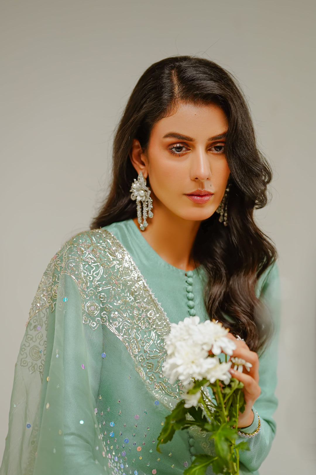 Shahid Chuhan - Starry Night Silk Suit For Women - Ice Blue