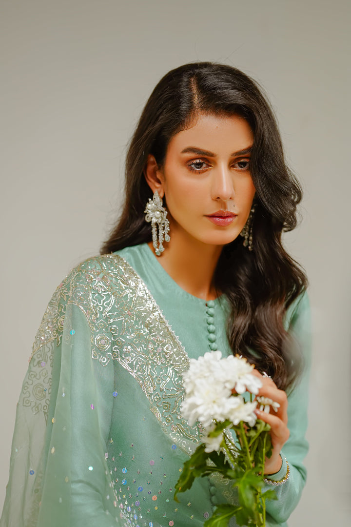 Shahid Chuhan - Starry Night Silk Suit For Women - Ice Blue