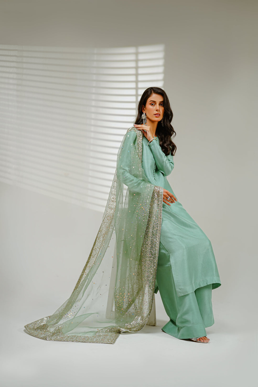 Shahid Chuhan - Starry Night Silk Suit For Women - Ice Blue
