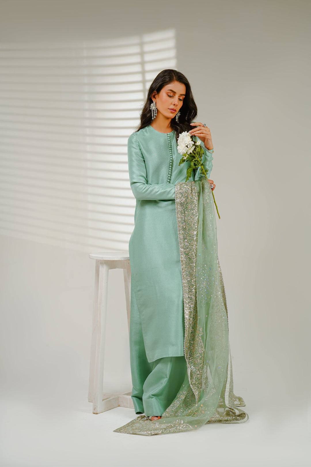 Shahid Chuhan - Starry Night Silk Suit For Women - Ice Blue