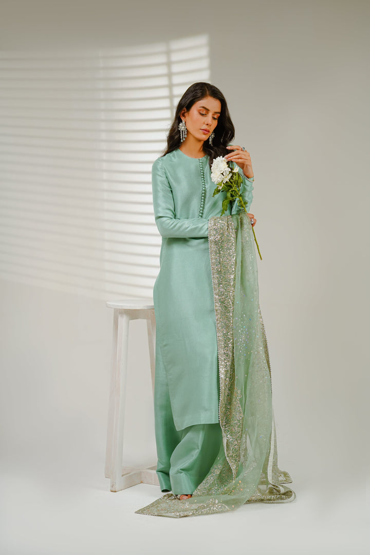 Shahid Chuhan - Starry Night Silk Suit For Women - Ice Blue