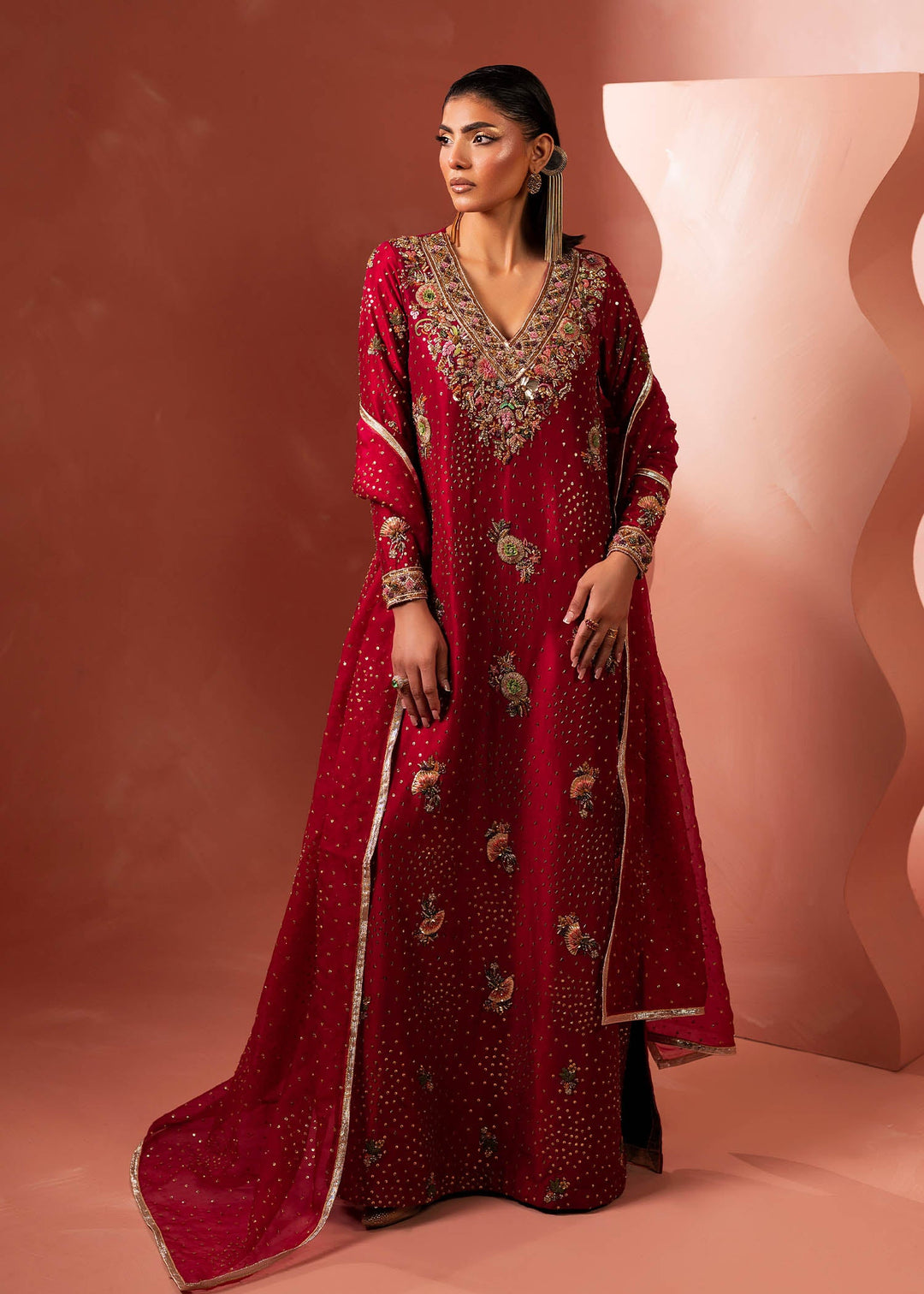 Shahid Chuhan - Zyra Silk Kaftan For Women - Crimson Red