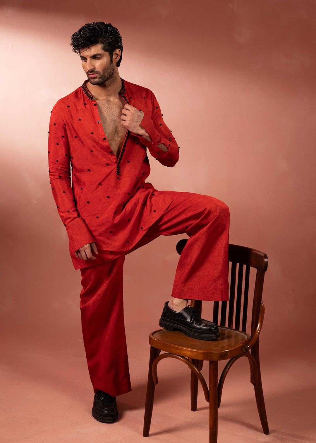 Shahid Chuhan - Zyric Silk Suit For Men - Rust