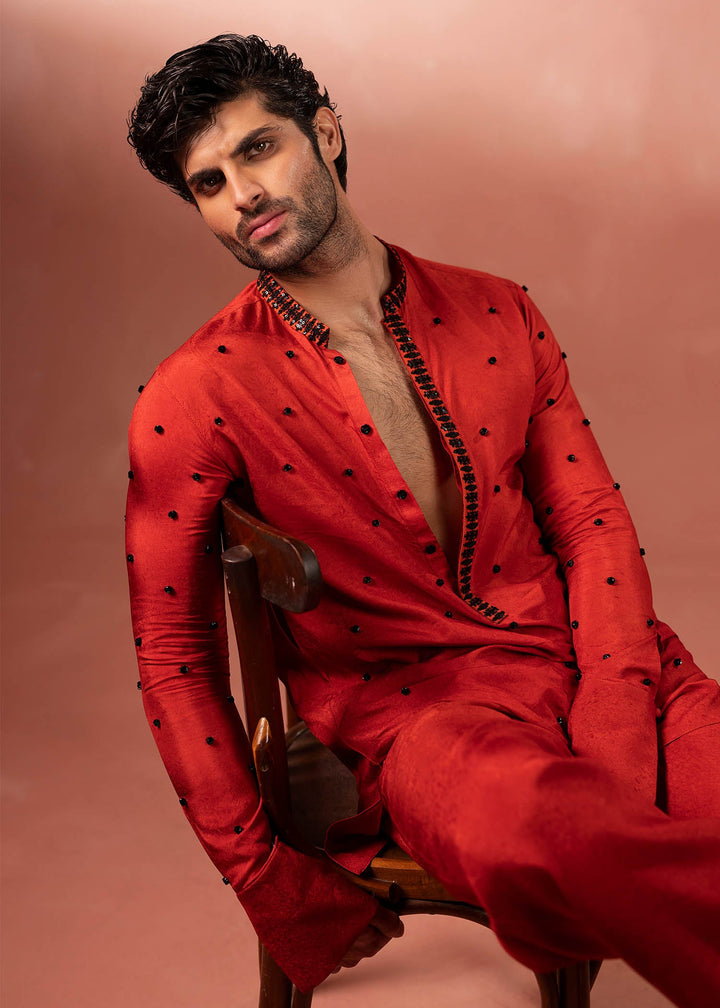 Shahid Chuhan - Zyric Silk Suit For Men - Rust