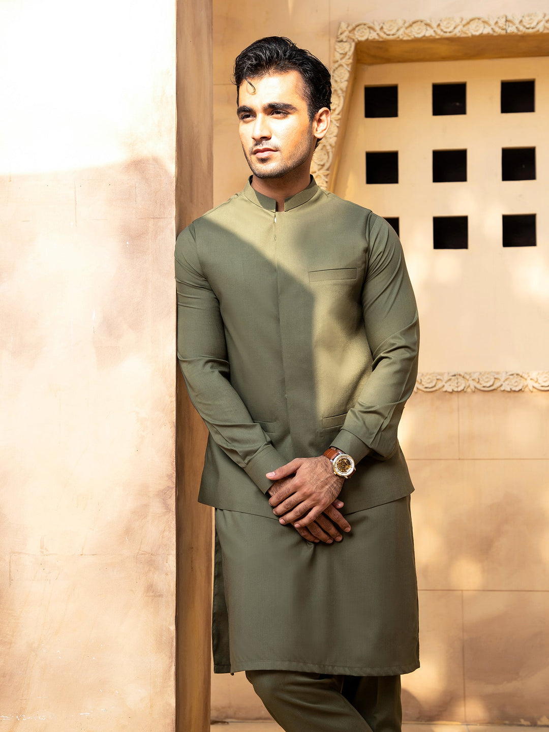 Shahjahan - Army Green Kurta Trouser With Waistcoat - 3 Piece