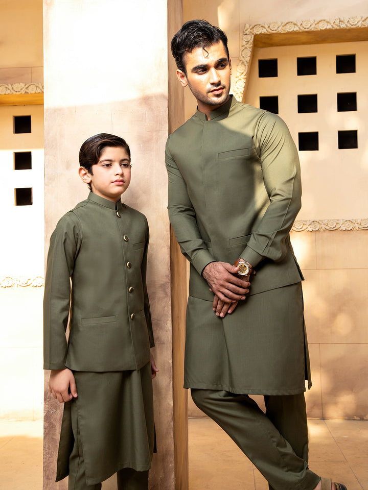 Shahjahan - Army Green Kurta Trouser With Waistcoat - 3 Piece