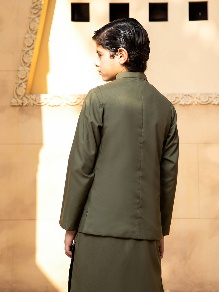 Shahjahan - Army Green Kurta Trouser with Waistcoat - 3 Piece