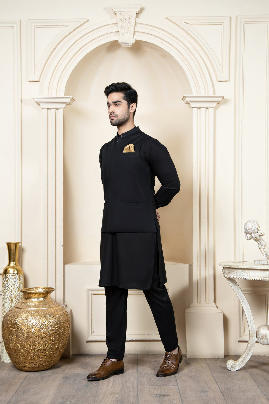 Shahjahan - Black Boski Kurta Trouser with Suiting Waistcoat For Men