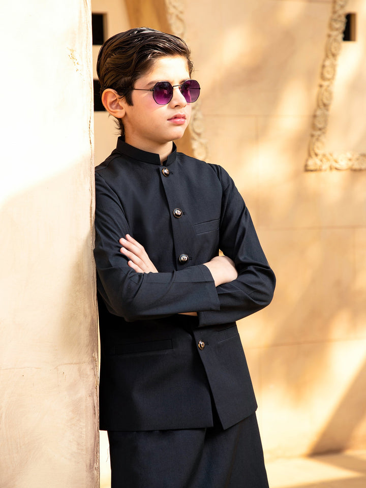 Shahjahan - Black Kurta Trouser with Waistcoat - 3 Piece
