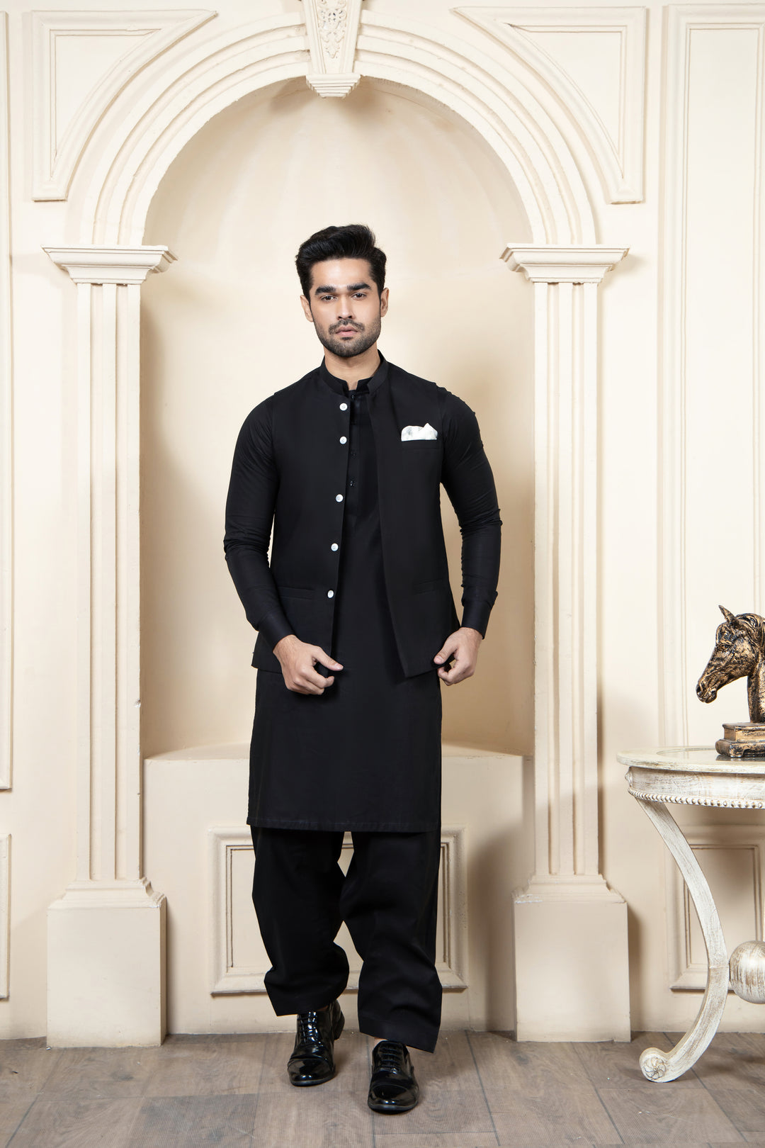 Shahjahan - Black Soft Cotton Kurta Shalwar with waistcoat For Men