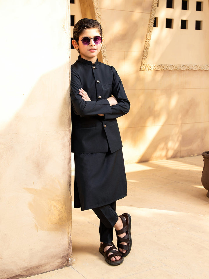 Shahjahan - Boski Black Kurta Trouser with Waistcoat - 3 Piece