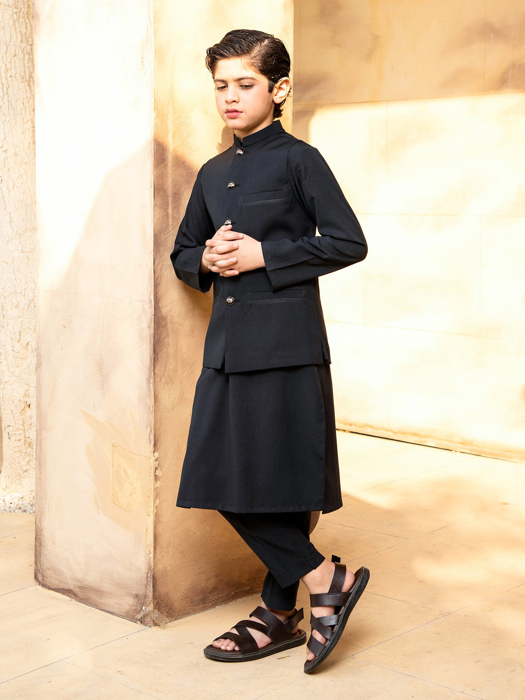 Shahjahan - Boski Black Kurta Trouser with Waistcoat - 3 Piece
