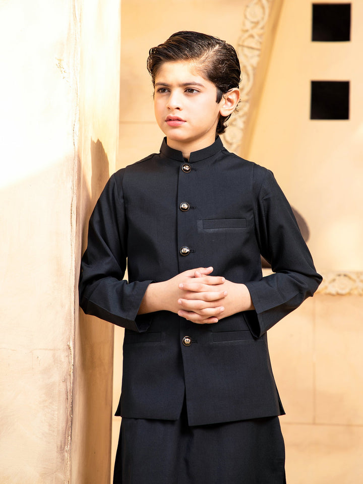 Shahjahan - Boski Black Kurta Trouser with Waistcoat - 3 Piece