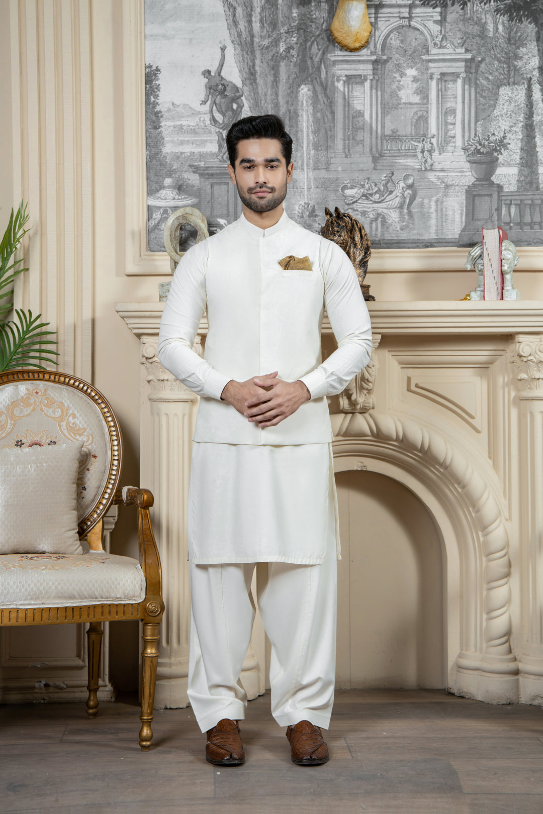 Shahjahan - Boski Cream Kurta Shalwar with waistcoat For Men