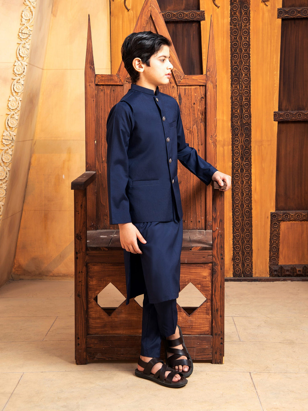 Shahjahan - Boski Navy Blue Kurta Trouser with Waistcoat - 3 Piece