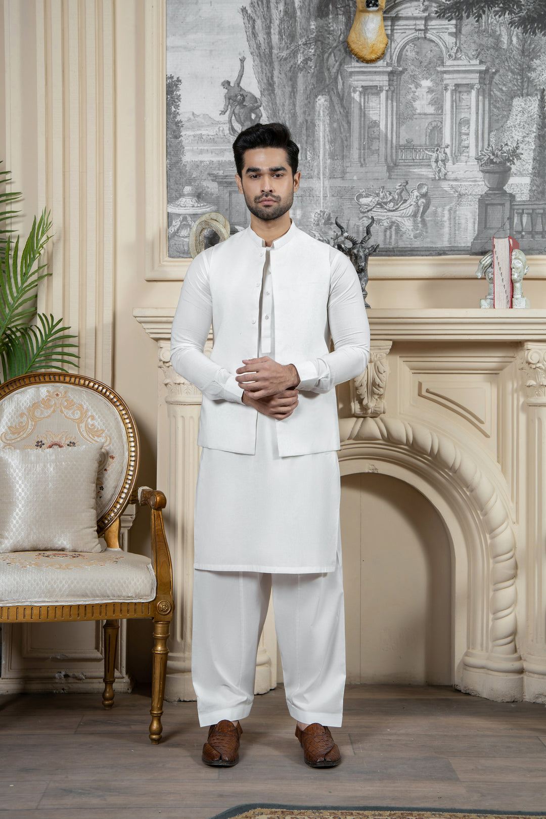 Shahjahan - Boski Offwhite Kurta Shalwar with Waistcoat For Men