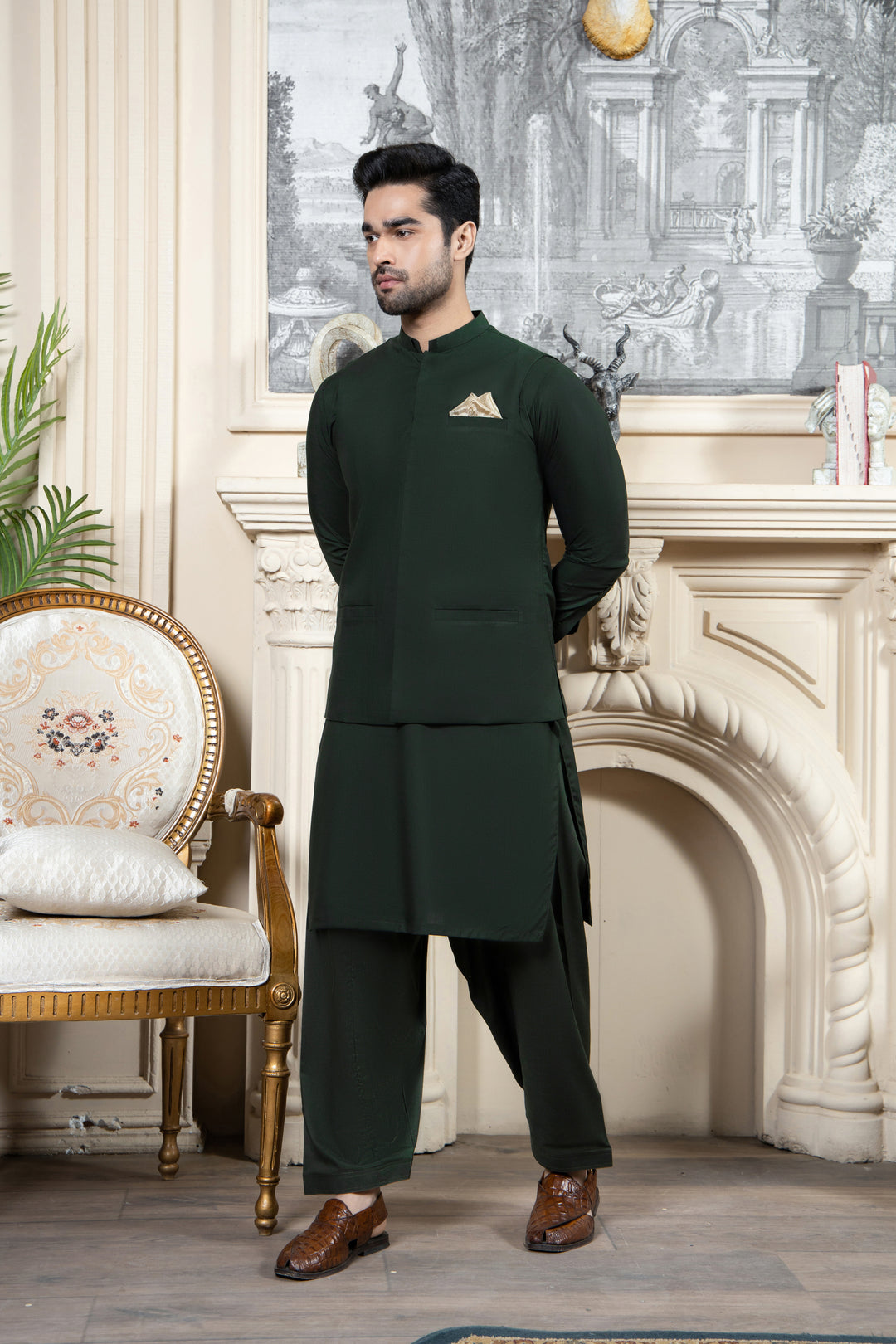 Shahjahan - Bottle Green Kurta Shalwar with Waistcoat For Men