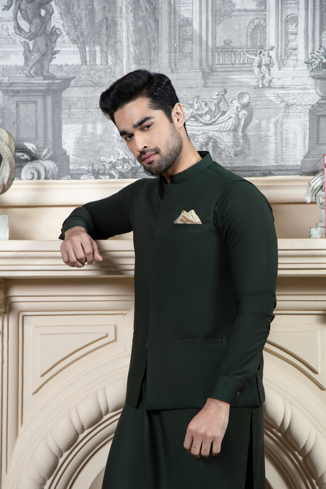 Shahjahan - Bottle Green Kurta Trouser with Waistcoat For Men