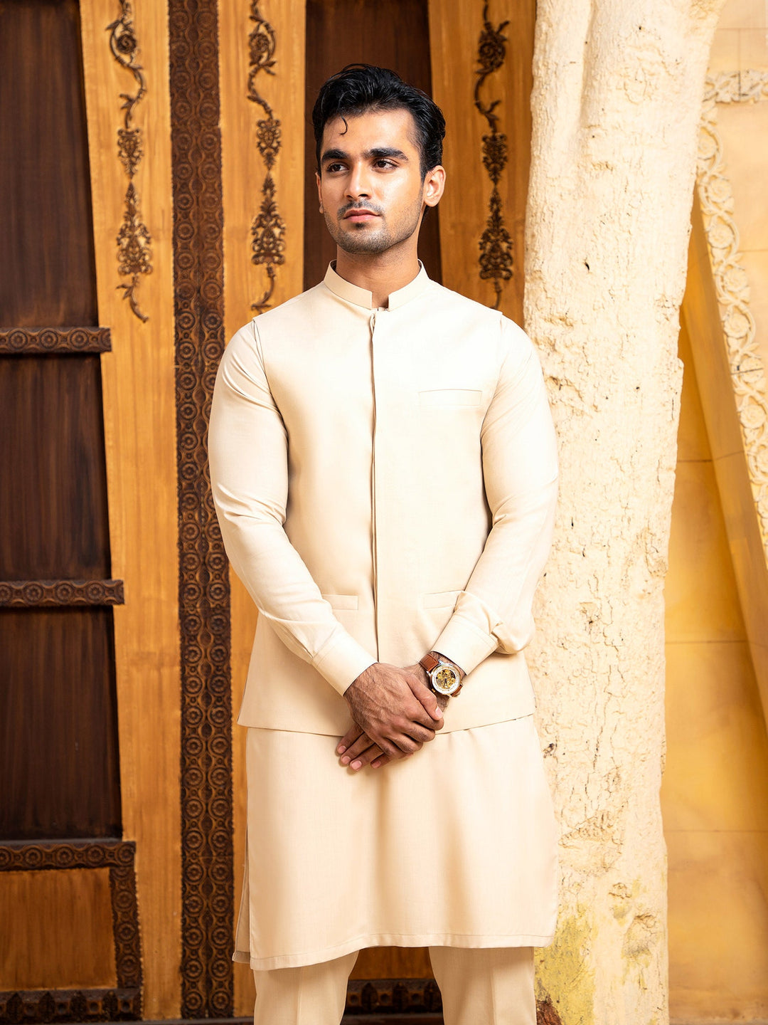 Shahjahan - Ivory Skin Kurta Trouser With Waistcoat - 3 Piece