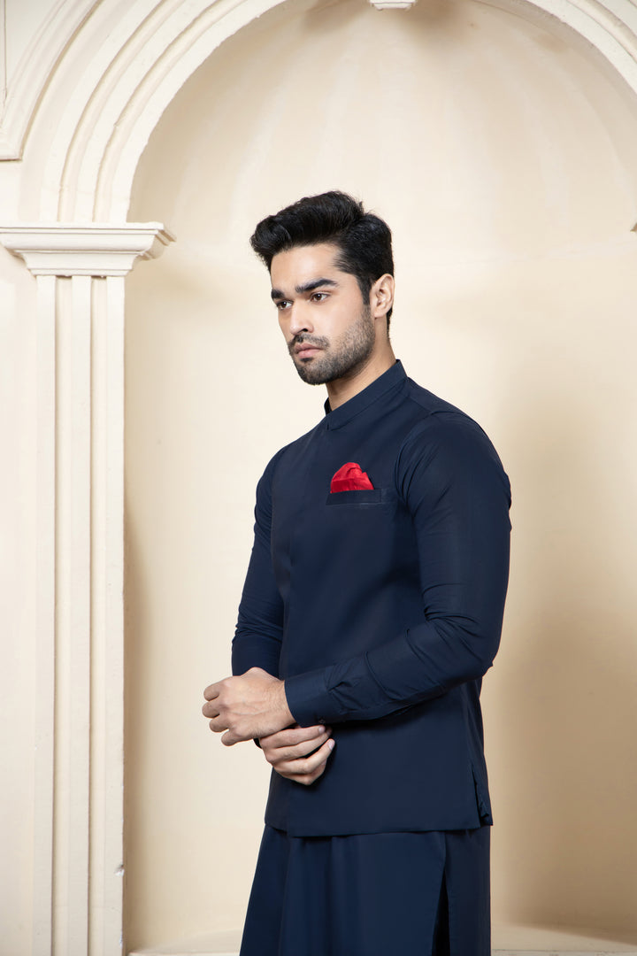 Shahjahan Navy Blue Soft Cotton Kurta Trouer with waistcoat 3 Piece Suit